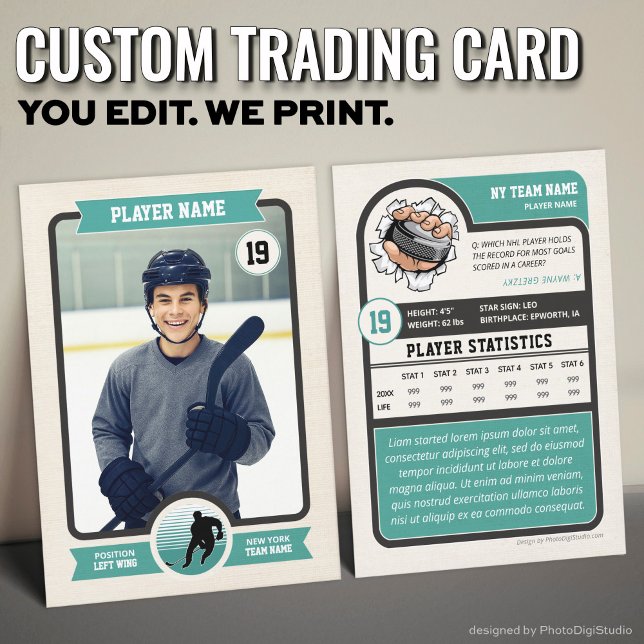 D'appel Carte Hockey Personnalisée, Carte Joueur Vintage (Vintage Custom Hockey Trading Card, Teal Player Card)