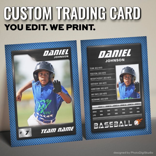 D'appel Carte PRO Baseball avec carte de commerce Stats Pl (Custom Baseball Trading Card, Blue Black PRO Stats Player Card)