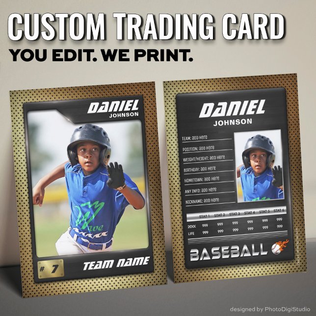 D'appel Carte PRO Baseball avec carte de commerce Stats Pl (Custom Baseball Trading Card, Gold Black PRO Stats Player Card)