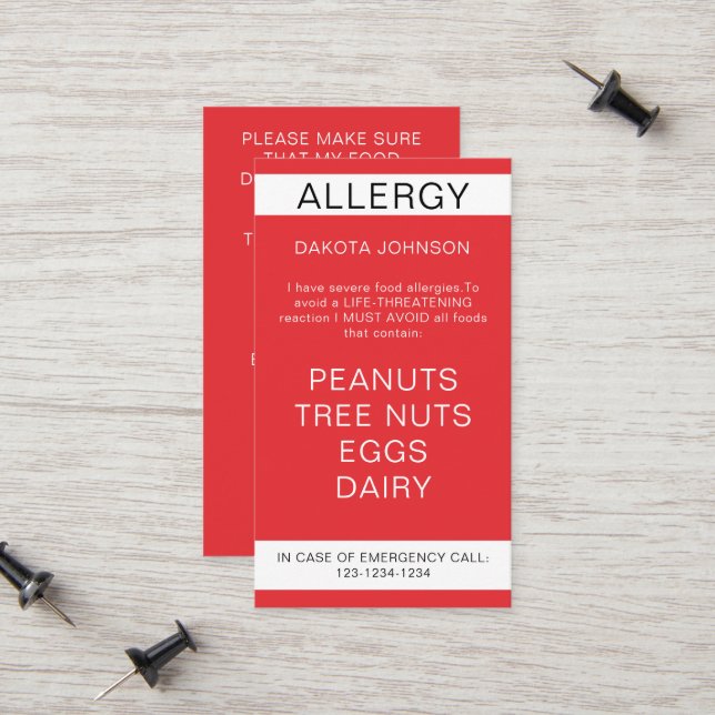 D'appel Carte rouge d'alerte aux allergies alimentaires (Devant/Arrière en situation)