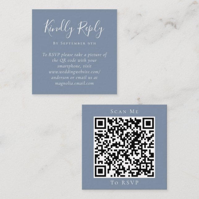 D'appel Dusty Blue Mariage Website QR Code carte RSVP (Devant / Derrière)