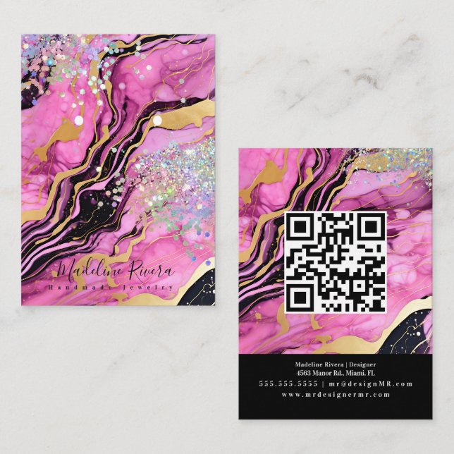 D'appel Élégante carte d'affichage opale en marbre noir (Devant / Derrière)