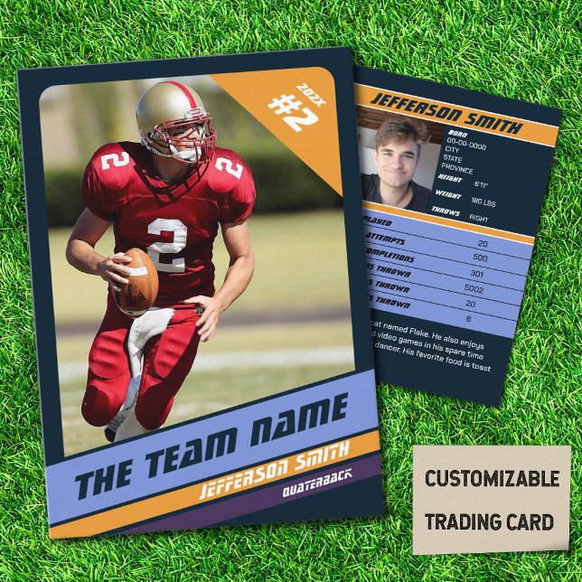 D'appel Équipe de football carte de commerce Sport cadeau  (American Football Player Trading Card in Dark Blue with Custom Team Name with Yellow Stripe
)