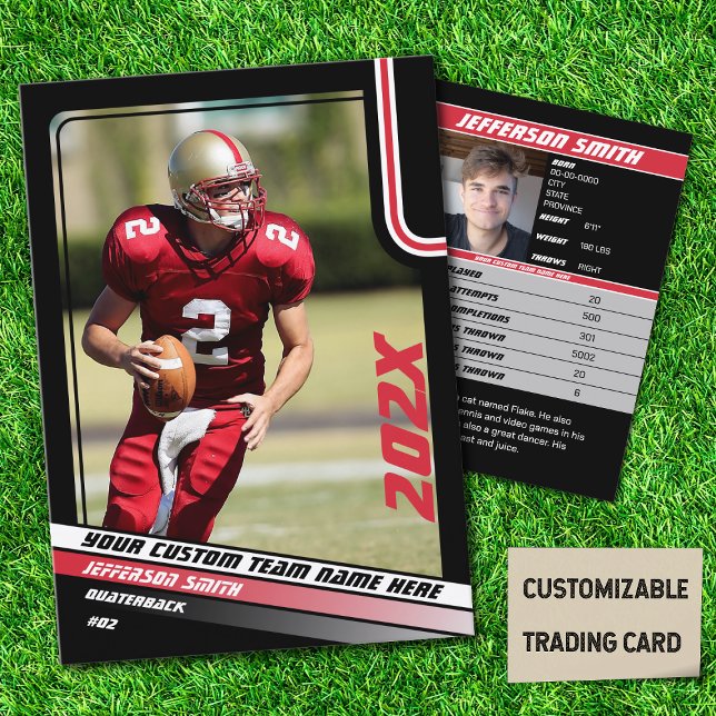 D'appel Joueur de football carte de commerce cadeau person (American Football Player Trading Card in Black with Custom Team and Player Name with Red Stripes)