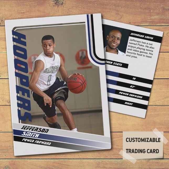 D'appel Lecteur de basket-ball Carte de commerce personnal (Basketball Player Trading Card in Grey with custom team name and player name with Blue stripes
)