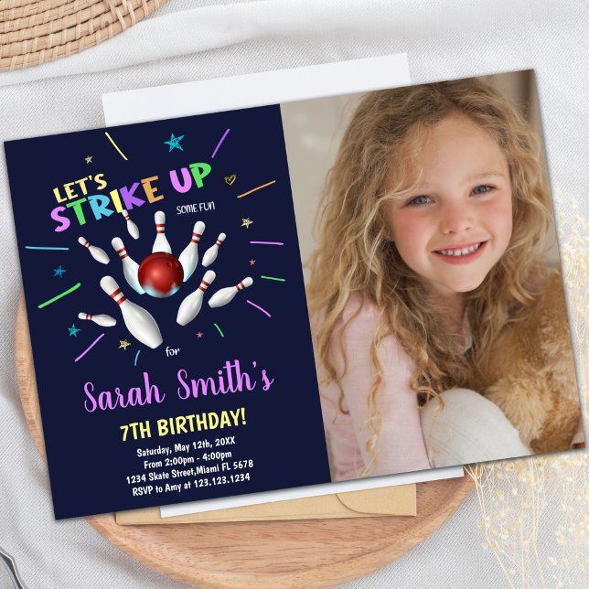 Dark Blue Bowling Anniversaire Invitations avec ph (Dark Blue Bowling Birthday Invitations with photo)