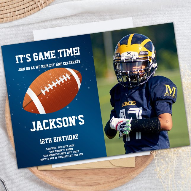 Dark Blue Football Invitations d'anniversaire avec (Dark Blue Football Birthday Invitations with photo)