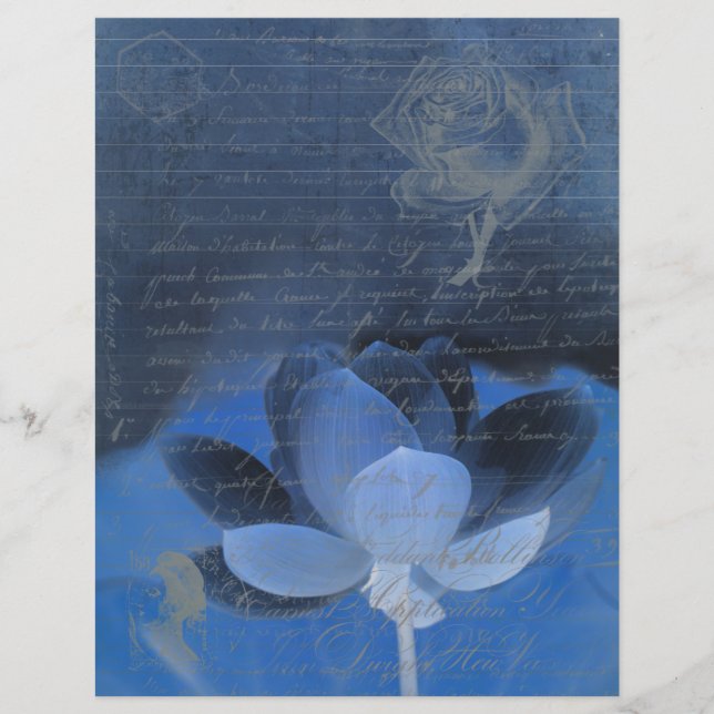 Dark blue old handwritting paper and flowers (Devant)