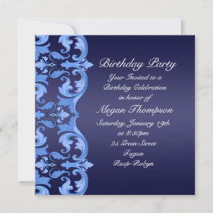 Dark Blue Swirl Damask Anniversaire Invitation