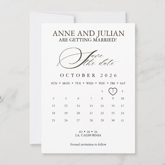 Dark Brown Save the date card calendar & photo (Devant)