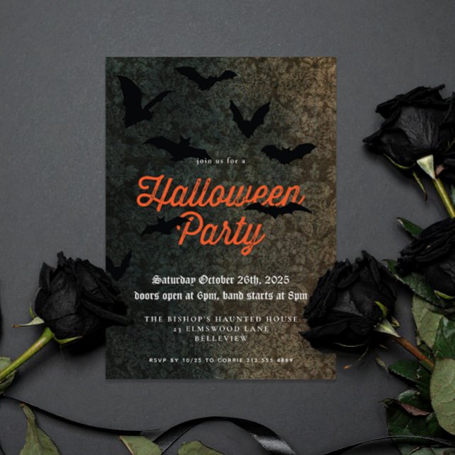 Dark Damask and Bats Halloween Party Invitation (Dark damask pattern with black bats and orange vintage style text Halloween party invitation)