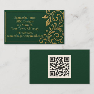 Dark Forest Green & Gold QR Code Carte de visite
