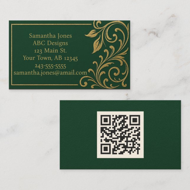 Dark Forest Green & Gold QR Code Carte de visite (Devant / Derrière)