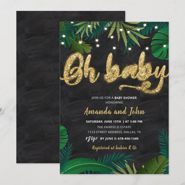 Dark Gold Tropical Oh Baby shower Invitation (Devant / Derrière)