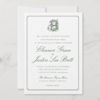 Dark Green "B" Monogram Wedding Invitation