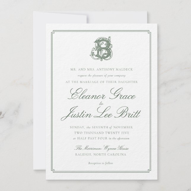 Dark Green "B" Monogram Wedding Invitation (Devant)