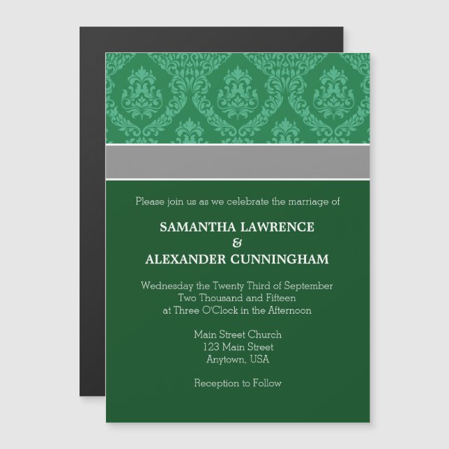Dark Green Damask Faire-part de mariage magnétique (Devant / Derrière)