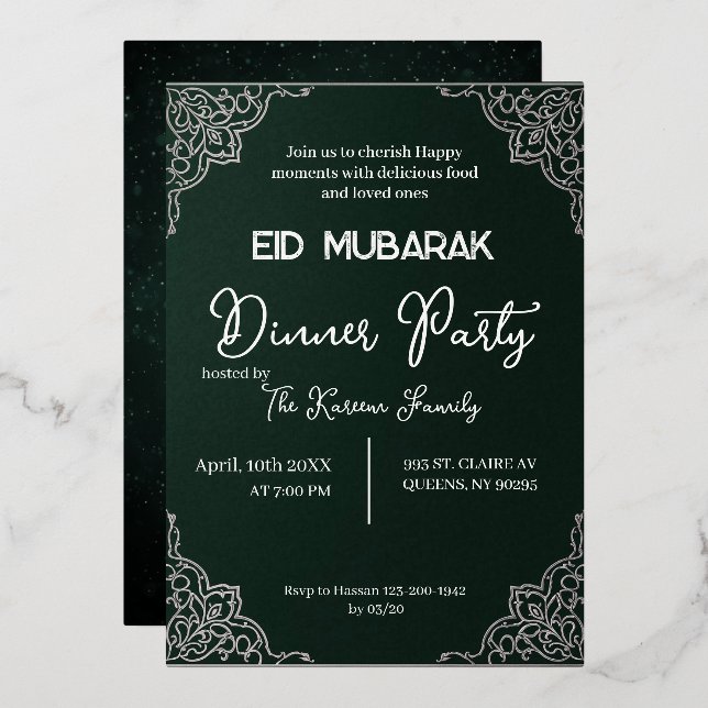 Dark Green elegant EID MUBARAK Invitation (Recto/Verso)