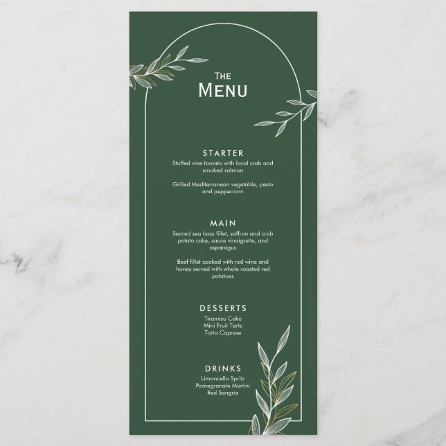 Dark Green Gold Leaf Mariage Événement Menu plat C (Devant)