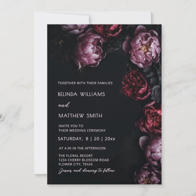 Dark Moody 3D Flowers Wedding Invitation (Devant)