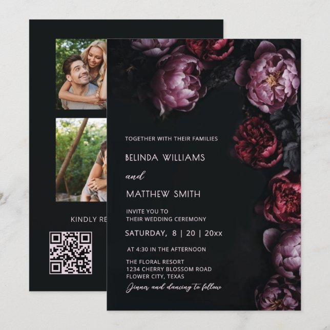 Dark Moody 3D Flowers Wedding Invitation (Devant / Derrière)
