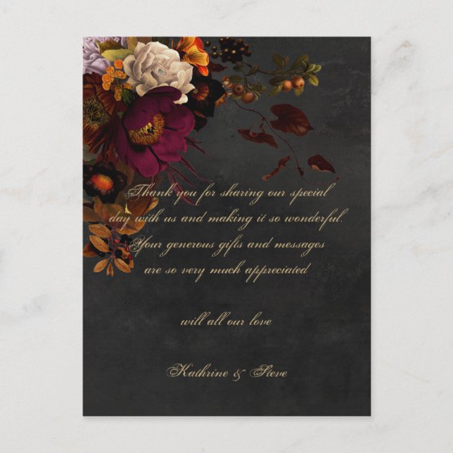 Dark Moody Floral Mariage Merci Cartes Postcard (Devant)
