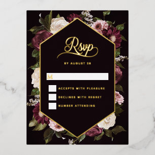 Dark Moody Floral Wedding Carte RSVP Gold Foil