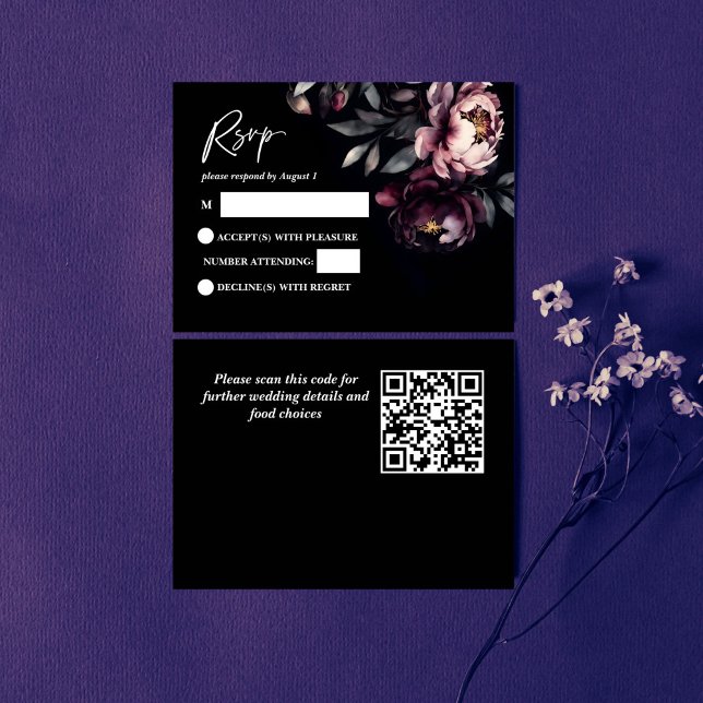 Dark moody noir élégant mariage carte RSVP (Dark moody noir elegant wedding RSVP card QR rsvp burgundy peonies)