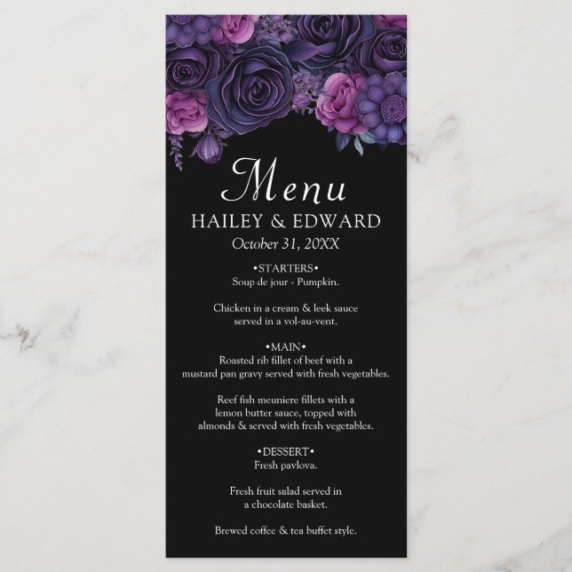 Dark Moody Purple Gothical Florals Menu Mariage (Devant)
