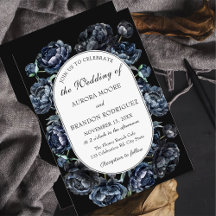 Dark Moody Romantic Blue Floral Faire-part de mari