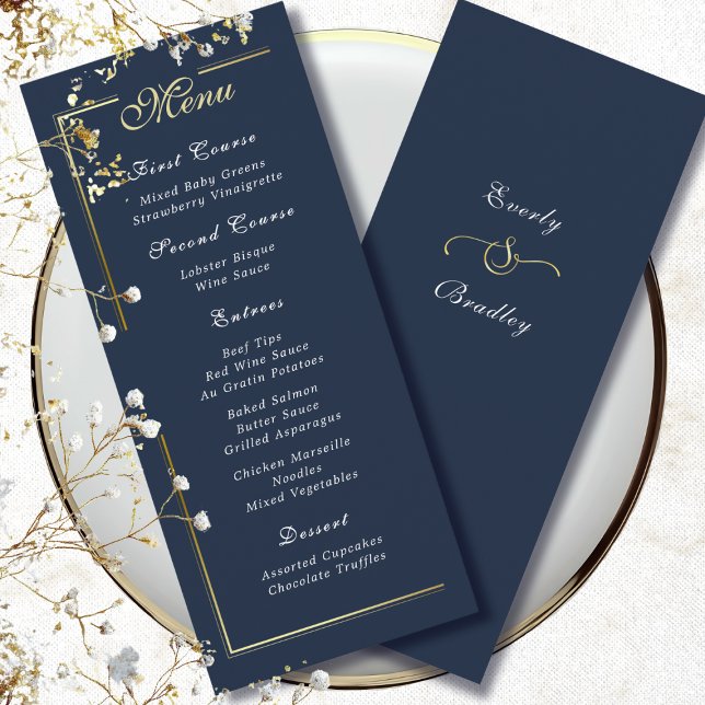 Dark Navy Blue Gold Frame White Script Menu Choice (Créateur téléchargé)