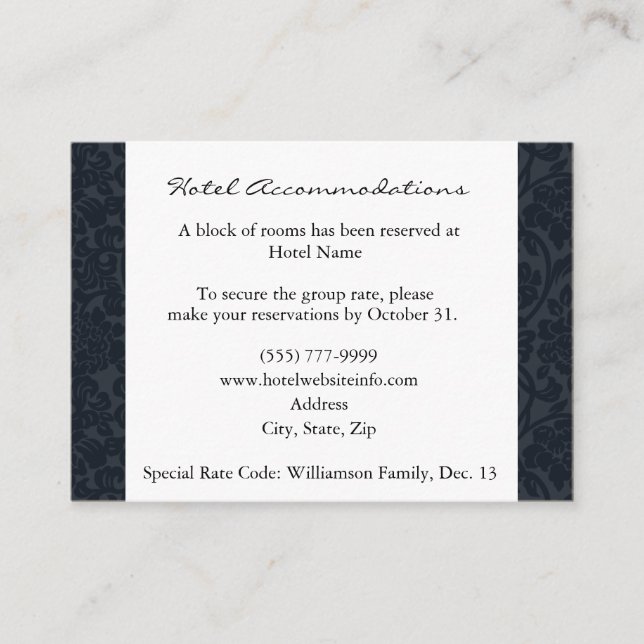 Dark Navy Floral Damask Hotel Cartes d'hébergement (Devant)