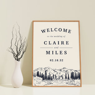 Dark Navy Mountain Sketch Mariage Affiche de bienv