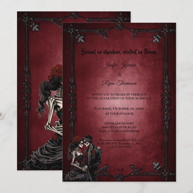 Dark Red Gothic Halloween wedding invitation (Devant / Derrière)