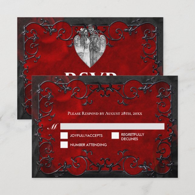 Dark red Gothic Halloween Wedding RSVP Card (Devant / Derrière)