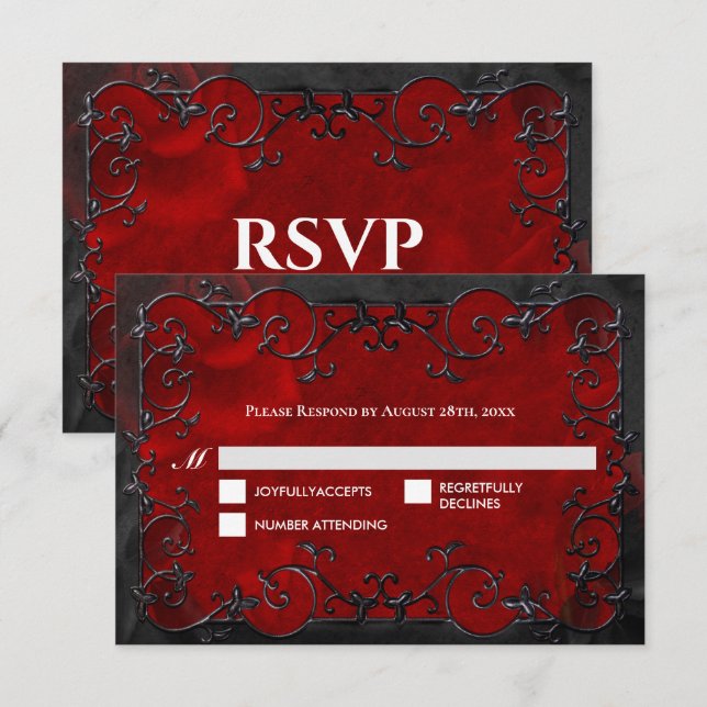 Dark red Gothic Halloween Wedding RSVP Card (Devant / Derrière)