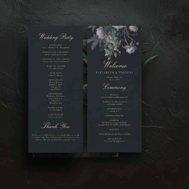Dark Romantic Moody Florals Peony Wedding Programm (dark moody wedding ceremony program purple dusty peony floral painting romantic gothic winter)
