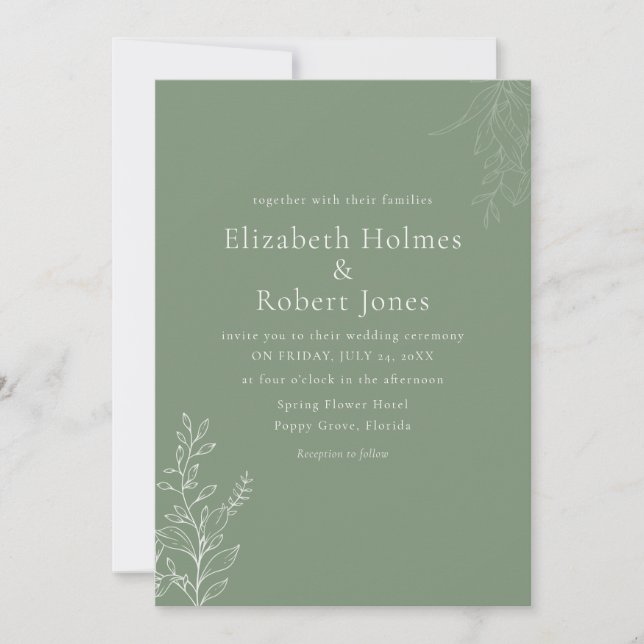 Dark Sage Green Botanical Wedding Invitation (Devant)