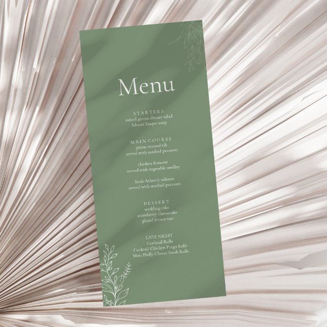 Dark Sage Green Botanical Wedding Menu (Dark Sage Green Botanical Wedding Menu on a neutral dry palm leaf.)