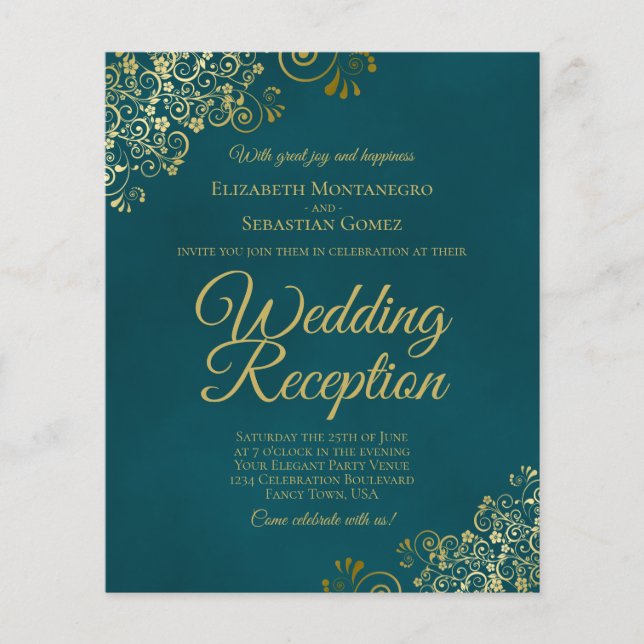 Dark Teal & Gold Wedding Reception BUDGET Invite (Devant)