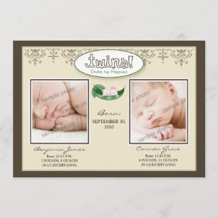 Darling 5x7 Twin Boy/Girl Taupe Faire-part de nais