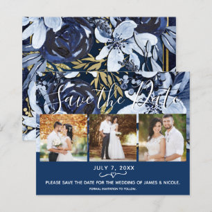 Date à sauvegarder florale bleu et or rustique