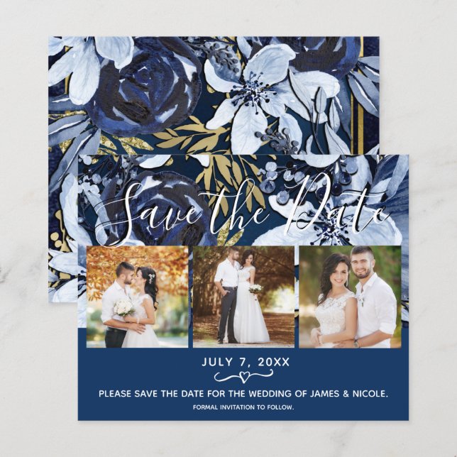 Date à sauvegarder florale bleu et or rustique (Devant / Derrière)