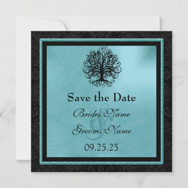 Date Black and Aqua Swirl Love Tree Mariage Save the Da (Devant)
