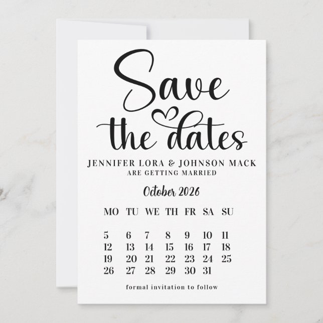 Date black and white wedding save the dates Calendar  (Devant)