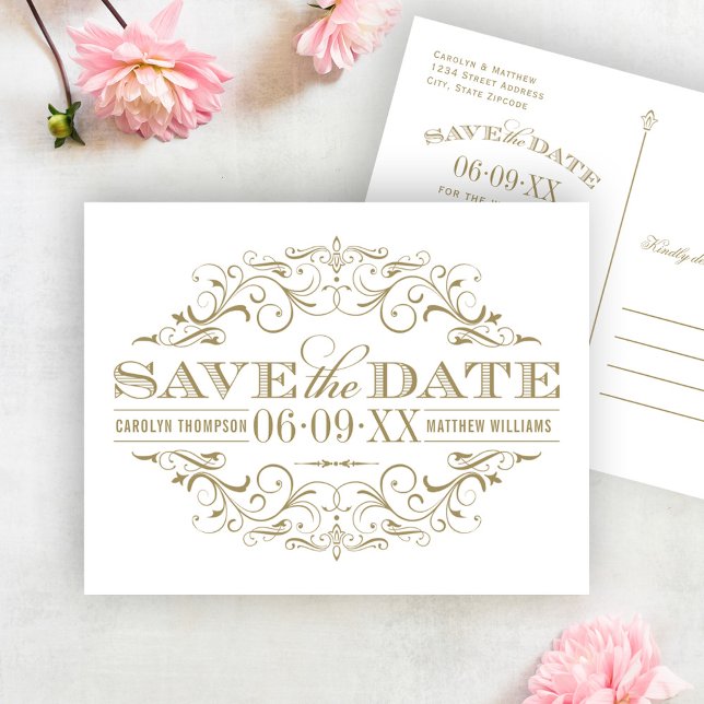 Date Blanc à motifs de rinceaux dorés rétro Save the Da (Créateur téléchargé)