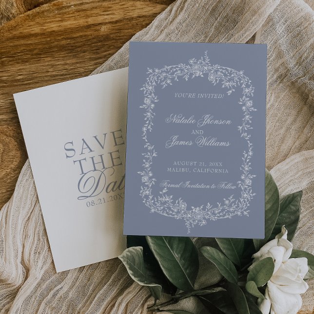 Date Boho Dusty Blue Floral Botanical Wedding Save The  (Créateur téléchargé)