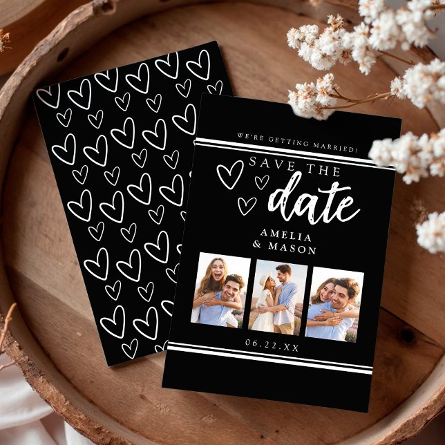 Date Collage de photos moderne noir et blanc Save the D (Black and White Modern Photo Collage Save the Date)
