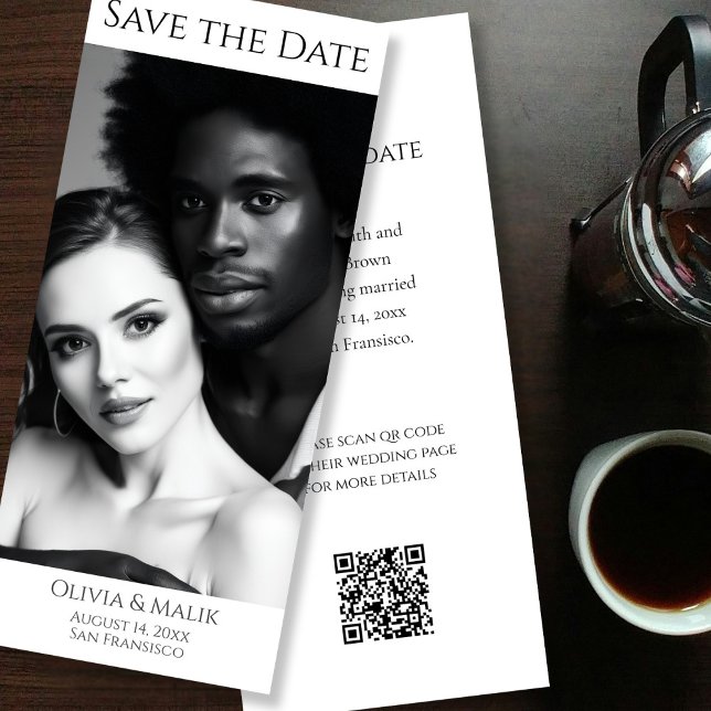 Date de sauvegarde de code QR de photo moderne en  (Black & White Modern Photo QR code Save the Date - front and back)