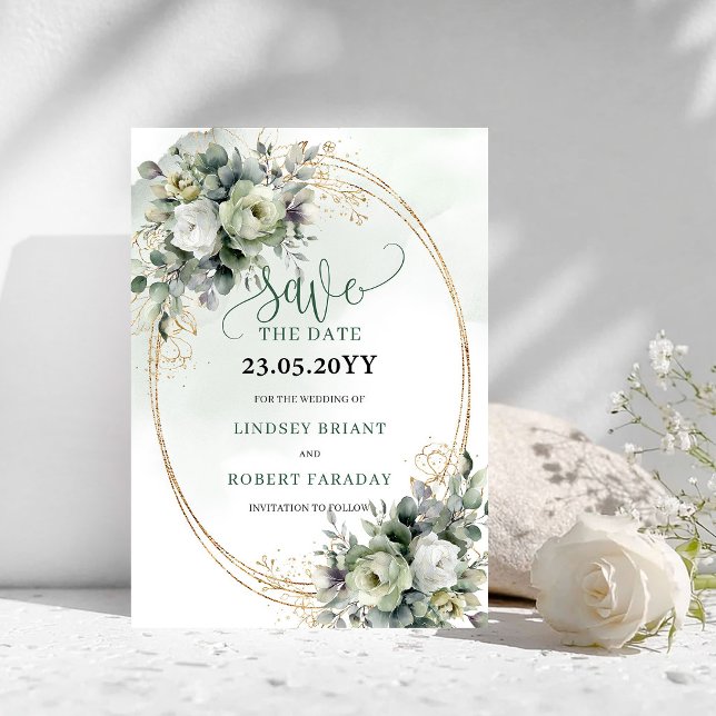 Date Eau de toilette verte dorée Eucalyptus Save The Da (Green Gold Watercolor Eucalyptus Save The Date)